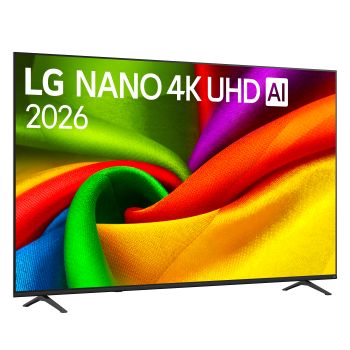 TV 85 pollici LG NANO 4K UHD AI NU90 4K Smart TV 2026 - Vista prospettica laterale del televisore che mette in risalto il design sottile e i moderni piedini di supporto a lama.